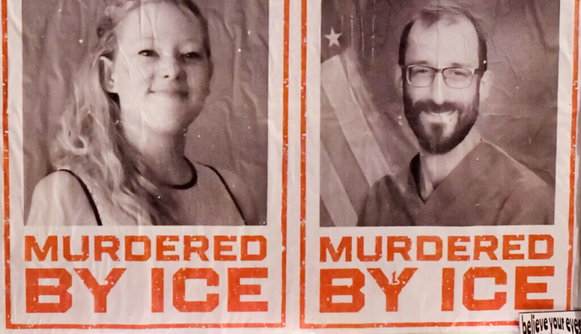 Des affiches représentant Renee Nicole Good et Alex Pretti, deux citoyens américains abattus par des agents de l'immigration ICE à Minneapolis, le 28 janvier 2026. Octavio Jones / AFP