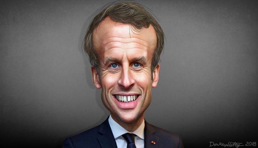 Emmanuel Macron en una caricatura de DonkeyHotey vía flickr.