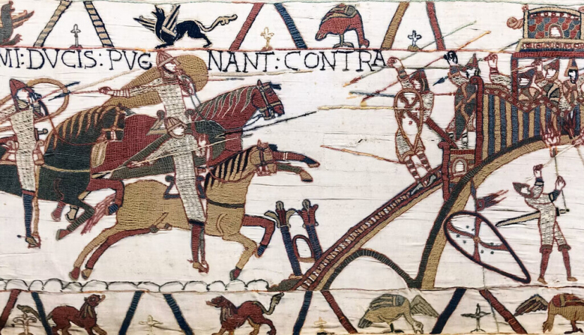 Escena 19 del Tapiz de Bayeux: los soldados de Guillermo, duque de Normandía, atacan el castillo de Dinan. Conan II, duque de Bretaña se rinde y entrega las llaves de Dinan con una lanza. Myrabella/Wikimedia Commons