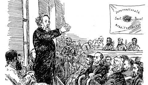 Bakunin hablando a los trabajadores de la AIT en el Congreso de Basilea, en Suiza. Grabado de 1869. / Wikipedia
