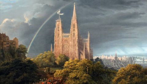 Ciudad medieval sobre un río, de Karl Friedrich Schinkel (1815). Staatliche Museen zu Berlin, Nationalgalerie / Andres Kilger, CC BY-NC-SA