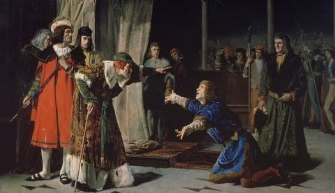 ‘La prisión del príncipe de Viana’, de Emilio Sala. La obra representa el momento en que el joven príncipe Carlos de Viana (1421-1461), que era hijo del rey Juan II de Aragón y hermanastro del rey Fernando II de Aragón, fue mandado encerrar en prisión por orden de su padre. Museo del Prado