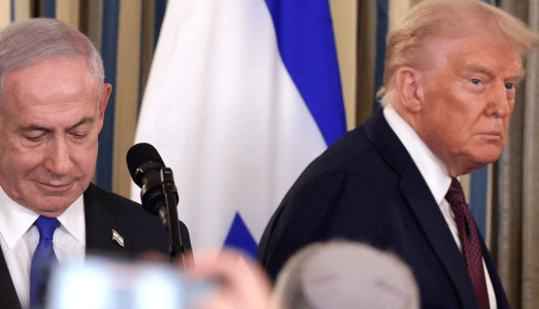 U.S. President Donald Trump and Israeli Prime Minister Benjamin Netanyahu arrive for a joint news conference at the White House on Sept. 29, 2025. Alex Wong/Getty Images