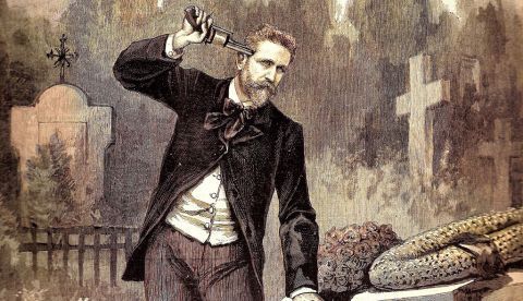 Suicidio del general Boulanger en el cementerio de Ixelles, sobre la tumba de su amante. Uno de los suplementos ilustrados de Le Petit Journal, 10 de octubre de 1891.