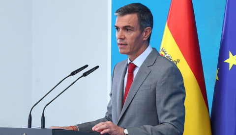 El presidente del Gobierno, Pedro Sánchez, durante la presentación del balance del curso político y el informe periódico de rendición de cuentas "Cumpliendo". | Pool Moncloa/ Fernando Calvo. La Moncloa, Madrid - 28.7.2026