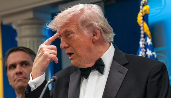President Donald Trump speaks at the White House on April 25, 2026, after the cancellation of the annual White House Correspondents Association Dinner. Andrew Leyden/Getty Images)