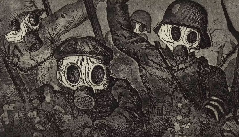 ‘Tropas de asalto avanzando bajo un ataque de gas’, Otto Dix, 1924. Art Basel