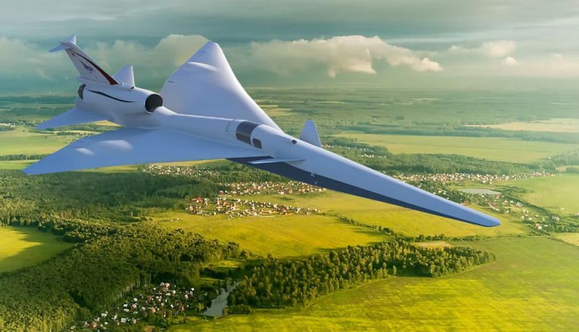 Representación del X-59 en un vuelo supersónico silencioso sobre un pequeño pueblo. Wikimedia Commons, CC BY-SA
