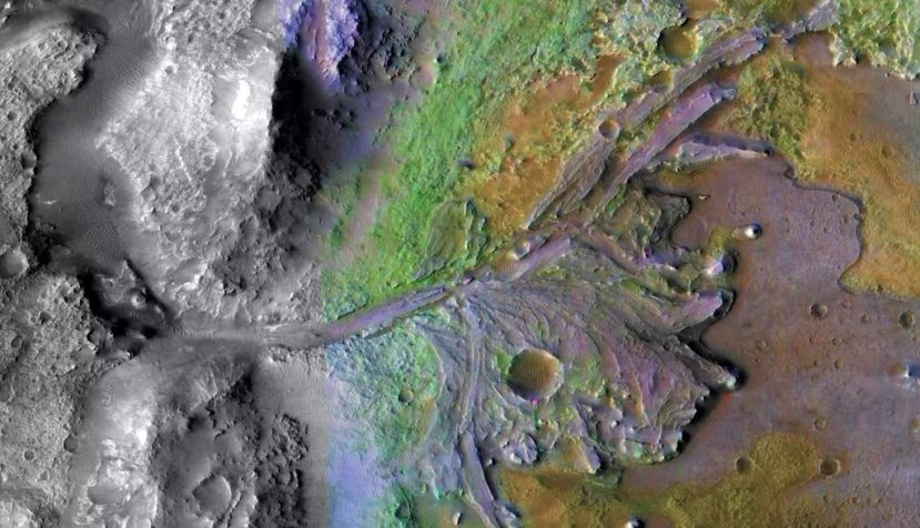Imagen parcial del borde del cráter Jezero mostrando en falso color diferentes terrenos en la formación del delta aluvial al desembocar un río cuyos meandros aparecen en la parte superior izquierda. (NASA/JPL-Caltech/MSSS/JHU-APL) 
