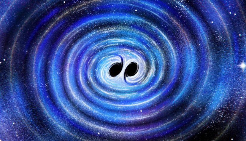 Recreación artística de la colisión de dos agujeros negros y la intensa emisión de ondas gravitacionales asociadas a su inminente fusión. Créditos: LIGO Caltech, Maggie Chiang for Simons Foundation. CC BY