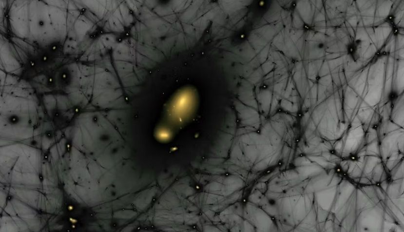 La imagen muestra la relación entre los filamentos del halo de materia oscura y las galaxias que habitan en ellos. Ralf Kaehler/SLAC National Accelerator Laboratory, CC BY-SA