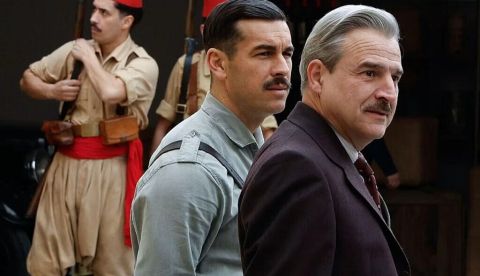  Dos hombres pasean entre soldados de uniforme del norte de África. Mario Casas y Alberto San Juan en un fotograma de la película La cena, situada en el final de la guerra civil española. RTVE